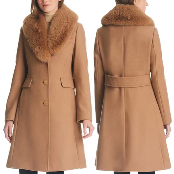 Kate Spade Faux Fur Trim Coat NEW Wool Camel Tan Midi Length Formal Large L